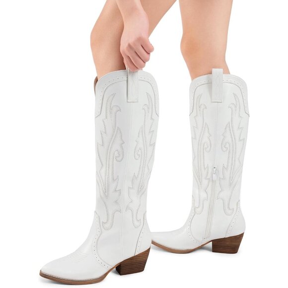 DREAM PAIRS Womens White Cowboy Boots Wide Calf Knee High Ladies - Picture 6 of 9